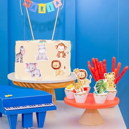 40Pcs Edible Jungle Safari Animal Cupcake Toppers Edible Lion Giraffe Elephant Monkey Cupcake Picks Drink Topper for Baby Shower Kids Safari Animal Birthday Cupcake Decorations Wildlife Party Supplies