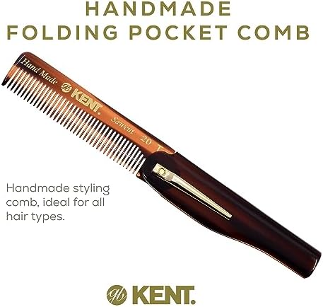 Kent 20T Handmade Folding Pocket Comb for Men, Fine Tooth Hair Comb Straightener for Everyday Grooming Styling Hair, Beard or Mustache, Use Dry or with Balms, Saw Cut Hand Polished, Made in England