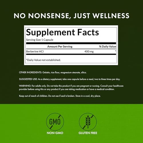 Swanson Berberine HCl Cardiovascular and Metabolic Health Supplement for Health-Conscious Adults - Non-GMO, Vegan, Gluten-Free (60 Vegan Capsules, 400 mg Each)