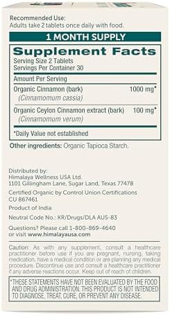 Himalaya Organic Cinnamon, 30 Day Supply - Herbal Glucose Metabolism Support - USDA Organic, Non-GMO, Vegan, Gluten Free, 1100 mg, 60 Tablets