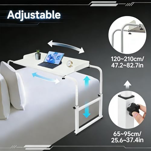 Over Bed Table with Wheels, Overbed Table, Mobile Bed Desk with Raised Baffle, 25.6-37.4in Height and 3.94-6.89ft Length Adjustable, Mobile Bed Desk for Laptop Food Bedroom Living Room Office
