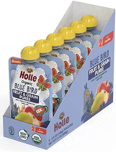 Holle Organic Baby Food Pouches - Blue Bird Baby Puree with Pear, Apple, Blueberry & Oat - (6 Pack) Organic Baby Snacks + Fruit and Veggie Pouches for Weaning Babies 6 Months and Older