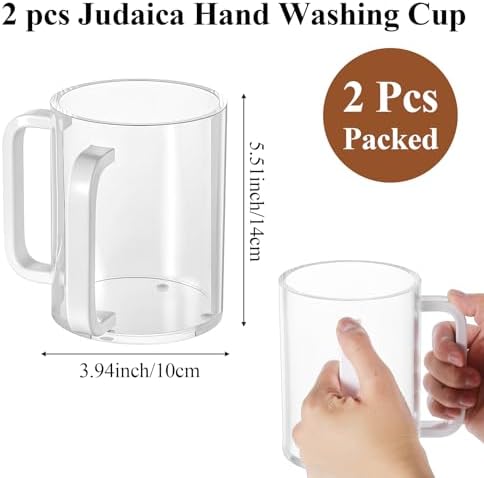 2 Pcs Judaica Hand Washing Cup with Dual Handles,5" Acrylic Clear Netilat Yadayim Cup lota for Bathroom(White Handle)
