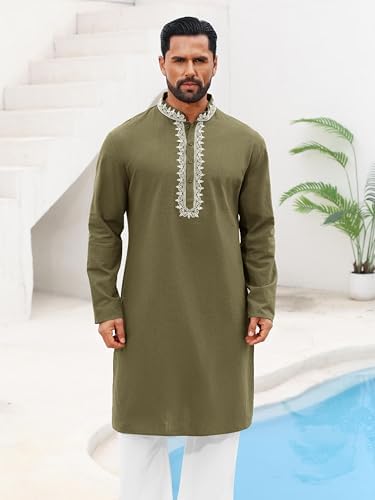 Runcati Mens Kaftan Thobe Cotton Henley Shirt Long Sleeve Embroidery Robe Casual Kurta Muslim Gown Shirt