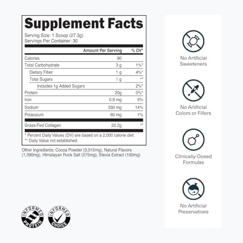 Transparent Labs Grass-Fed Collagen Peptides Powder - Chocolate Collagen Powder for Men & Women, 22G Grassfed Bovine Hydrolyzed Collagen Peptides for Skin, Hair, Bones & Muscle Recovery - 30 Servings