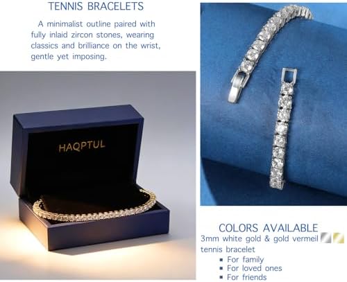 Haqptul 18K Gold/Sterling Silver Plated Tennis Bracelet for Women Men Cubic Zirconia White Gold Diamond 3mm Size 6.5-7.5 Inch