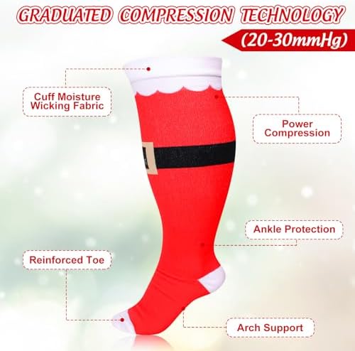 Cutecrop 6 Pairs Christmas Plus Size Compression Socks Wide Calf for Women Men 20-30 Mmhg Extra Wide Knee High Support Socks