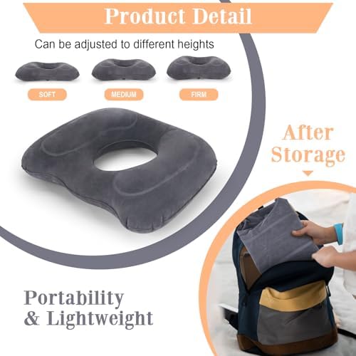 Inflatable Hemorrhoid Pillows, Donut Pillow for Tailbone Pain, Adjustable Inflatable Seat Cushion for Bed Sores, Postpartum Pregnancy, Car Seat, Airplane, 17.7'' x 15.4'' x 4.3''(Grey)