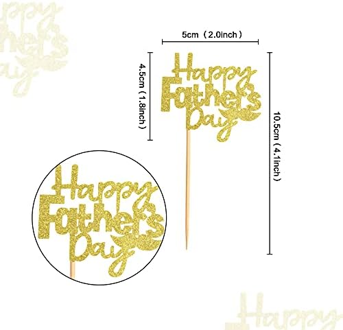 Ercadio 24Pcs Glitter Golden Happy Father's Day Cupcake Toppers with Moustache Gold Glitter Happy Father's Day Cupcake Picks for Dad Theme Party Decorations Father's Birthday Cupcake Decors