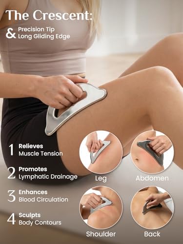Rena Chris Gua Sha & Muscle Scraper Tool, Stainless Steel Body & Face Gua Sha Set for Deep Tissue Massage & Lymphatic Drainage, Guide & Travel Pouch Included (3-Piece Kit)