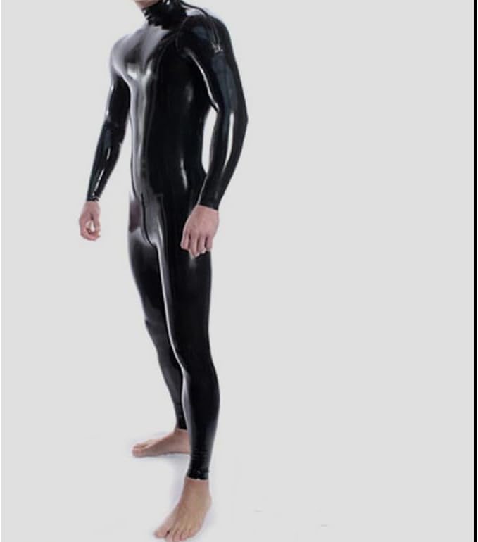 Neck Entry Black Latex Catsuit Shoulder and Crotch Zipper for Men Rubber Bodysuit