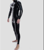 Neck Entry Black Latex Catsuit Shoulder and Crotch Zipper for Men Rubber Bodysuit