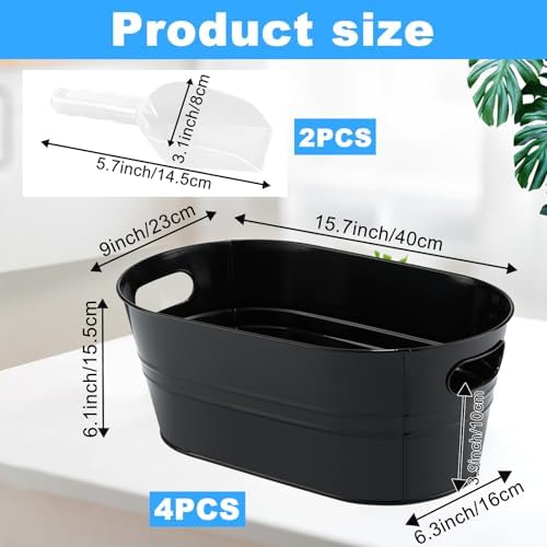 4Pcs 3 Gallon Black Galvanized Bucket Ice Bucket Large Metal Drink Buckets for Parties Beer Beverage Tub with Scoops for Champagne Cocktails Wine Cooling for Mimosa Bar Supplies