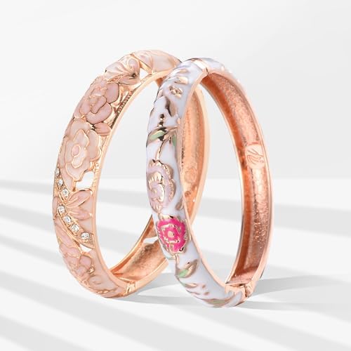 UJOY Vintage Jewelry Cloisonne Handcrafted Enameled Gorgeous Rhinestone Rose Hinged Cuff Bracelet Bangles Gifts 88A10
