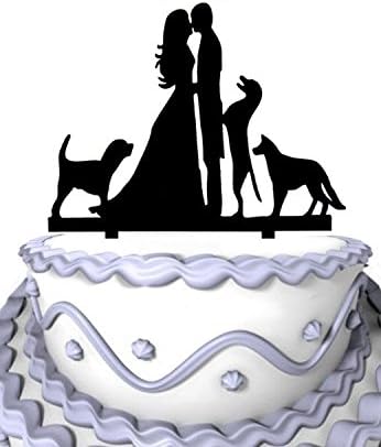 Meijiafei Wedding Cake Topper Groom and Bride Kissing with Three Dogs Silhouette Cake Topper