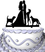 Meijiafei Wedding Cake Topper Groom and Bride Kissing with Three Dogs Silhouette Cake Topper