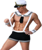 Men’s Sexy Sailor Costume – Navy Captain Roleplay Outfit with Suspender Shorts, Collar, Cuffs & Hat – Nautical Theme Party, Cosplay, Clubwear, Bachelor Party, Mardi Gras Valentine's Day