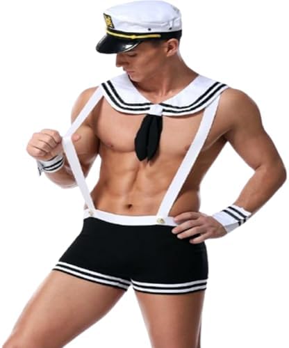 Men’s Sexy Sailor Costume – Navy Captain Roleplay Outfit with Suspender Shorts, Collar, Cuffs & Hat – Nautical Theme Party, Cosplay, Clubwear, Bachelor Party, Mardi Gras Valentine's Day
