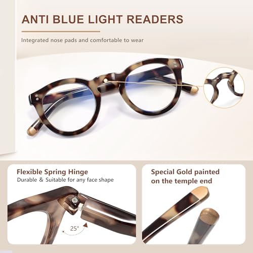 EASY READ Retro Round Blue Light Blocking Reading Glasses for Women,Anti UV Readers for Women with Spring Hinge