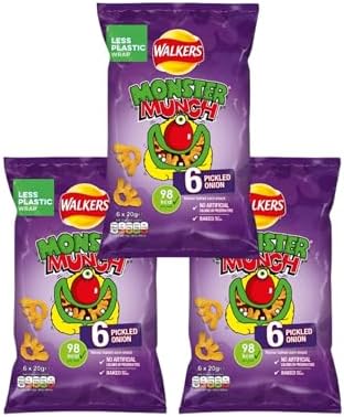 Walkers Monster Munch Pickled Onion Flavored Corn Snacks, 6 Pack Multipack, 20g Bags, Low Calorie Baked Puffs, Pack of 3, Room Temperature Storage