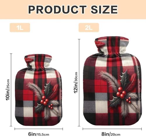 Christmas Buffalo Plaid Hot Water Bottles with Soft Cover Hand Feet Warmer Hot Water Bag for Neck, Shoulder and Menstrual Cramps, 1L