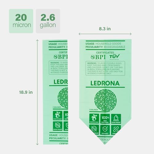 100 Compostable Trash Bags - 2.6 Gallon Garbage Bags for Kitchen Bin - Unscented, Leak Proof, Extra Strong - Disposable Food Waste Basket Liners - Certified by BPI & OK compost HOME by TÜV AUSTRIA