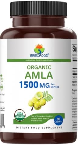 Brieofood Organic Amla 1500mg, 45 Servings, Vegetarian, Gluten Free, 90 Vegetarian Tablets