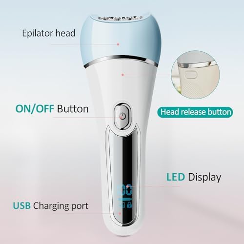Epilator for Women, 6 in 1 Hair Removal Epilator, Shaver, Face Razor, Facial Brush, Face Massage and Body Exfoliator,IPX7 Waterproof Rechargeable Hair Removal for Women, 2 Speeds