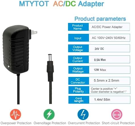 DC 24V 0.5A Switching Power Supply AC Adapter 100-240V 50-60Hz to dc 24Volt 0.5 Amp Power Cord Wall Adapter with 5.5mm x 2.5mm/2.1mm Barrel Plug & 10 Tips
