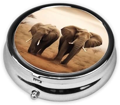Wild Animals Elephants Print Pill Box 3 Compartment Round Pill Case with Mirror Metal Pill Organizer Travel Pillbox Mini Medicine Storage Box for Pocket Purse