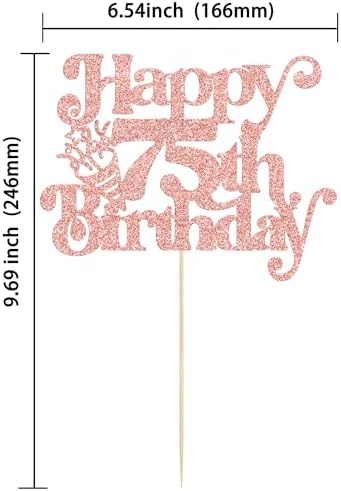 Gyufise 1Pc Happy 75th Birthday Cake Topper Glitter Happy Birthday Cake Pick Cheers to 75 Years for 75th Anniversary Wedding Party Cupcake Decorations Supplies Rose Gold