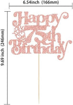 Gyufise 1Pc Happy 75th Birthday Cake Topper Glitter Happy Birthday Cake Pick Cheers to 75 Years for 75th Anniversary Wedding Party Cupcake Decorations Supplies Rose Gold