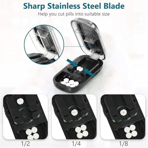 Pill Cutter Splitter for Small and Tiny Pills - 1/2 & 1/4 Adjustable Pill Splitter with Centering Device for Cutting Multiple Pills, Accurate Alignment and Easy to Use (Black)