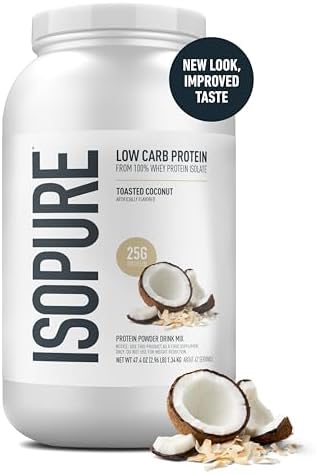 Isopure Low Carb 100% Pure Whey Isolate Protein Powder, Gluten Free, With Vitamins, Toasted Coconut, 25g Protein Per Serving, 3 Lbs, 42 Servings (Packaging May Vary)