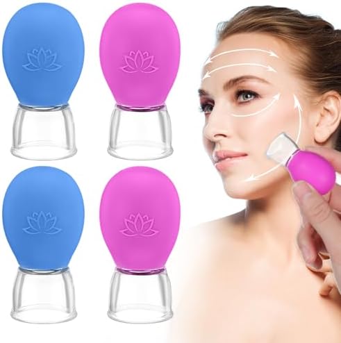 4Pcs Facial Cupping Therapy Set, Silicone Face Cupping Kit for Massage, Anti Cellulite Cup Massage Tool Vacuum Suction Cup for Eye Face Vacuum Massager (Blue, Rose Red)