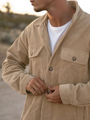 PLEPAN Men's Corduroy Shacket with 4 Pockets (Chest & Side Slant) Button Down Work Jackets Casual Long Sleeve Shirt Jacket