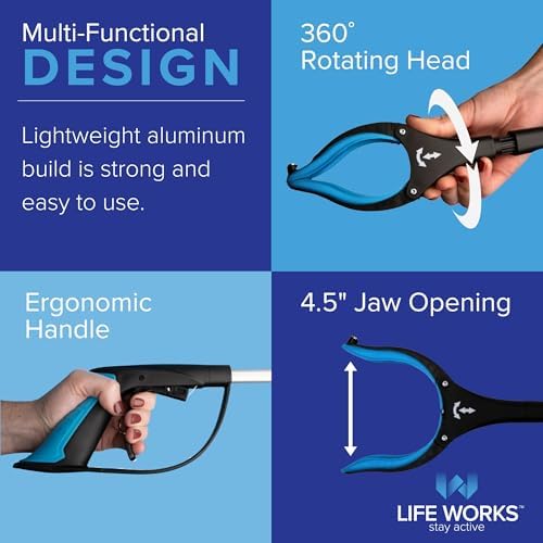 LIFE WORKS Reacher Grabber Tool, 360° Rotating Head, Lightweight 36" Foldable Arm, Ergonomic Grip, 4.5" Wide Jaw, Mobility Aid, Portable Picker Upper Tool for Seniors & Limited Mobility, 1 Pack