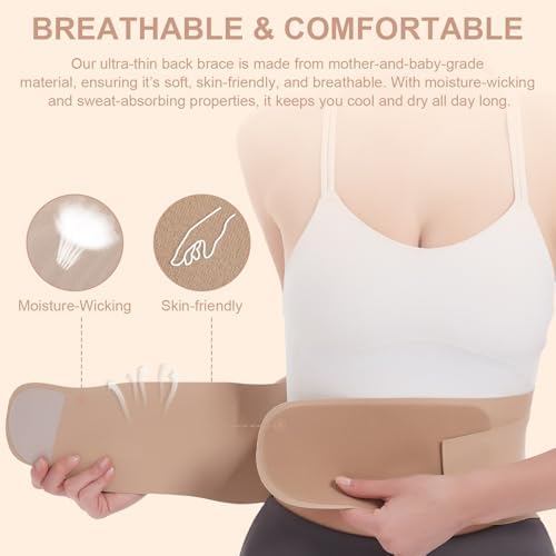 RANDY SUN Ultra Thin Back Brace, Lightweight Breathable for Women & Men, Invisible Lumbar Support Belt for Lower Back Pain Relief and Posture Correction Beige M/L(Waist:28"-31")
