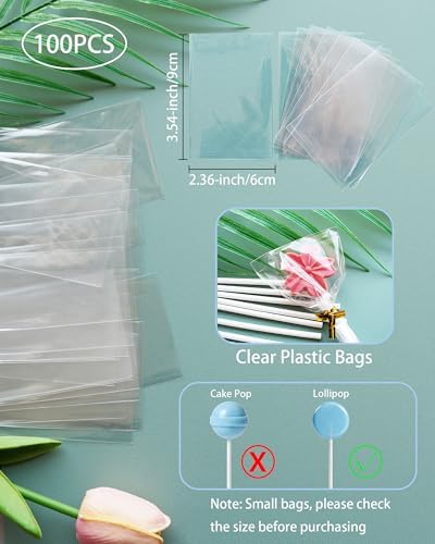 3.5mm White Lollipop Sticks and Bags Set, 100Pcs 4-inch Paper Sticks,100Pcs Clear Bags, 100Pcs Twist Ties for Sucker, Hard Candy, Chocolate, Cookie, Dessert (Gold)