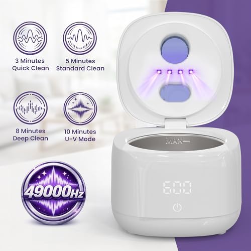 Ultrasonic Retainer Cleaner – 49kHz Denture Cleaner for Mouth Guards, Retainers, Aligners, Jewelry – 220ml Stainless Steel Tank Ultra Sonic Cleaning Machine – White