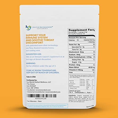 Silver Lozenges with Organic Manuka Honey and Vitamin C - All-Natural Nano Silver 45-50mcg of 60 PPM Colloidal Silver Mineral Drops to Support Immune System, Soothe, Cool Cough & Throat, 24-Lozenges