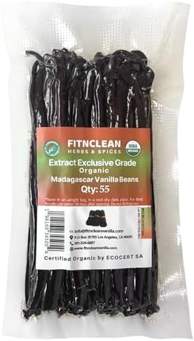 55 Organic Madagascar Vanilla Extract Exclusive Grade B Beans| 4" - 5" by FITNCLEAN VANILLA| Certified USDA Organic. Bulk Dry Whole Bourbon NON-GMO Pods
