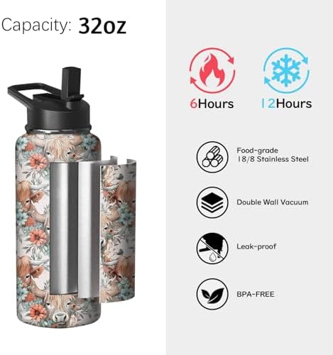 32oz Highland Cow Water Bottle with Handle and Flip Straw, Cattle Sports Stainless Steel Insulated Cup Travel Coffee Mug Tumbler, Birthday Mothers Day Chritmas Gifts for Women