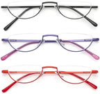 MMOWW 3 Pack Half Frame Reading Glasses for Women Men Slim Half Moon Lens Readers Semi Rimless Metal Frame Spring Hinges