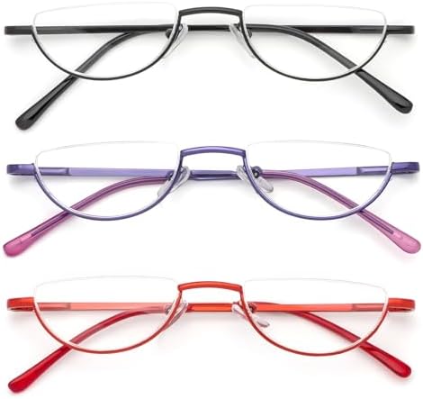 MMOWW 3 Pack Half Frame Reading Glasses for Women Men Slim Half Moon Lens Readers Semi Rimless Metal Frame Spring Hinges