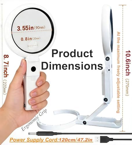 Magnifying Glass with Light and Stand, 3.55 Inch Large Lens with Lightweight Foldable Arm, Illuminated Magnifier with LED & Adjustable Brightness for Seniors Reading, Close Work, Coins, Jewelry
