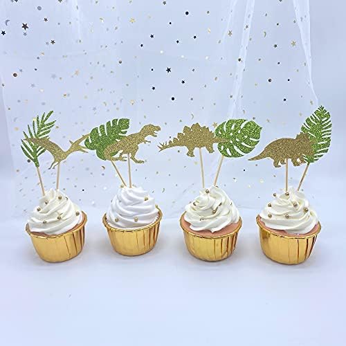 24 PCS Gold Glitter Dinosaur Set Cupcake Toppers with Green Palm Leaves T-Rex Cupcake Picks Dragon Dinosaur Theme Baby Shower Birthday Party Cake Decorations Supplies