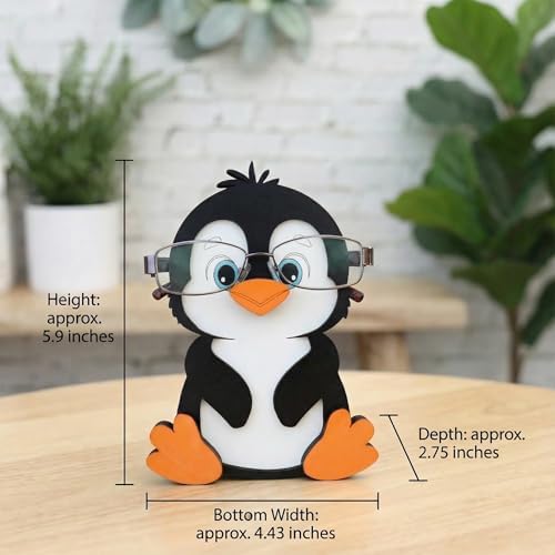 Wooden Eyeglass Holder Display Stand Creative Cute Animal Glasses Holder Dog Giraffe Handmade Creative Sunglasses Display for Desktop Accessory, Home Office Decor, Birthday and Christmas Gift (Penguin)