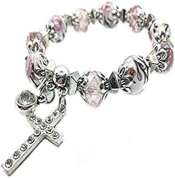 Nazareth Store Handmade Crystallized Glass Beads Cross Bracelet with Ceramic Flower Beads Religious Christian Bangle for Women and Men