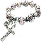Nazareth Store Handmade Crystallized Glass Beads Cross Bracelet with Ceramic Flower Beads Religious Christian Bangle for Women and Men